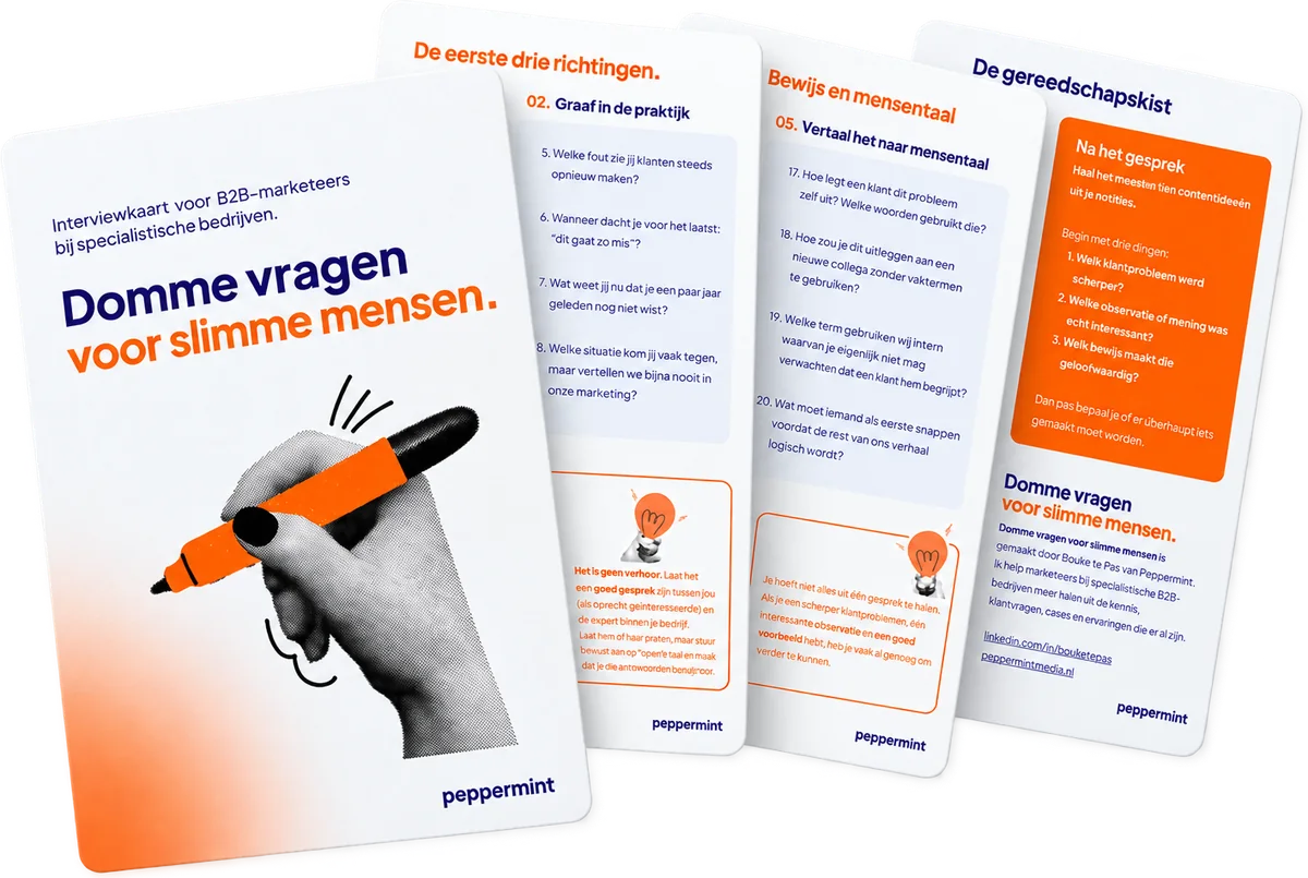 De vier pagina's van de interviewkaart Domme vragen voor slimme mensen, naast elkaar uitgewaaierd
